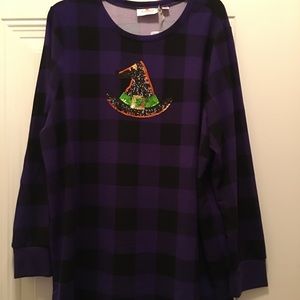 New Quacker Factory black & purple Buffalo plaid witch hat knit shirt 1X cozy